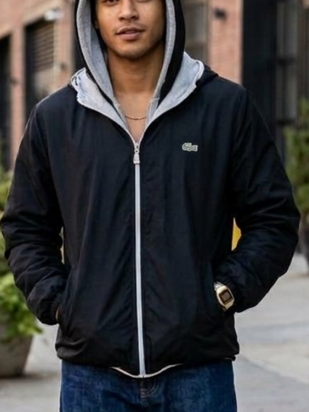 Vintage Lacoste-80s Windbreaker Hooded Jacket Black w/White Lining Men's Sz S.